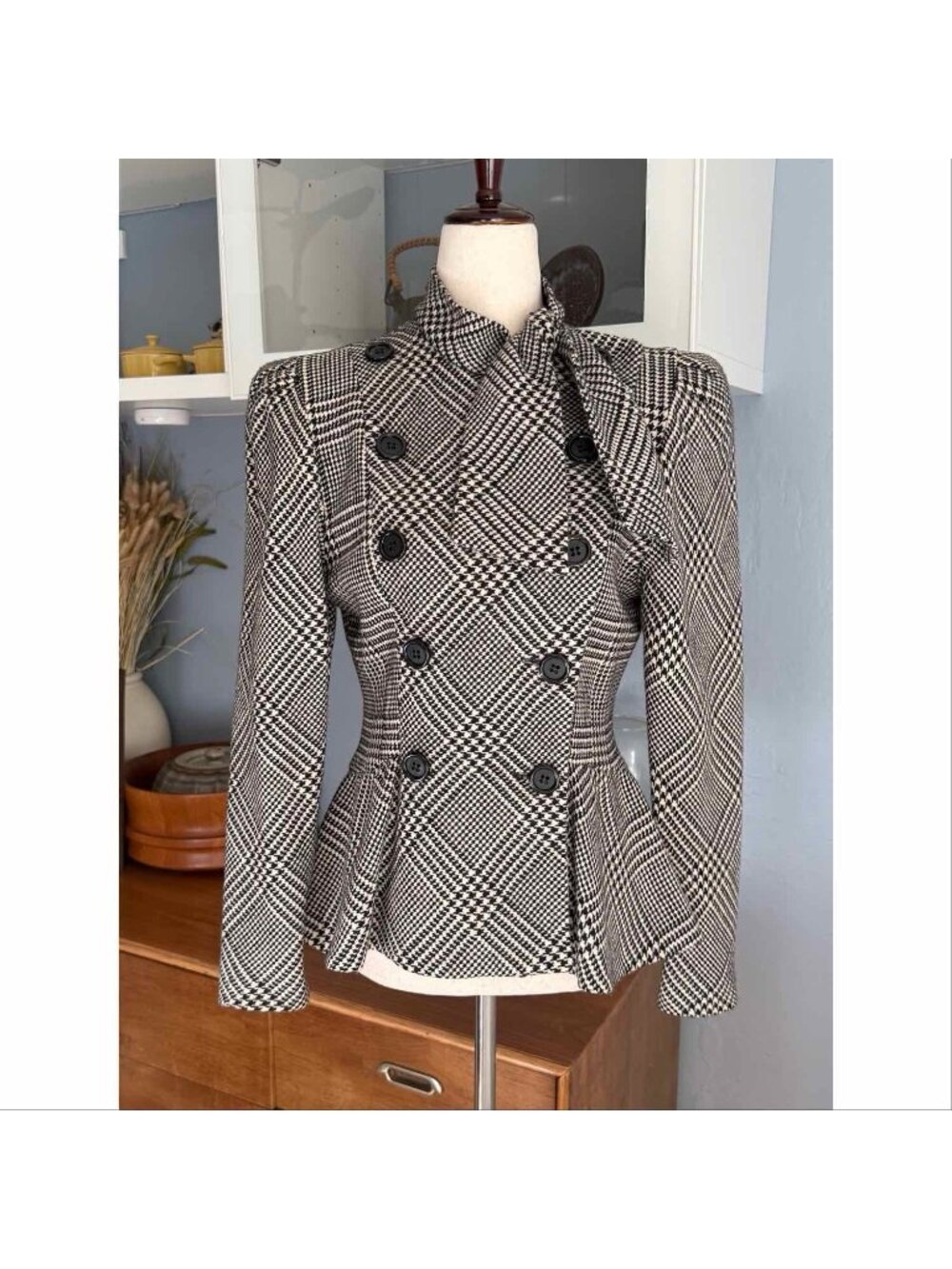 Vintage Albert Nipon Houndstooth Peplum Double Breasted Wool Jacket Sz 4